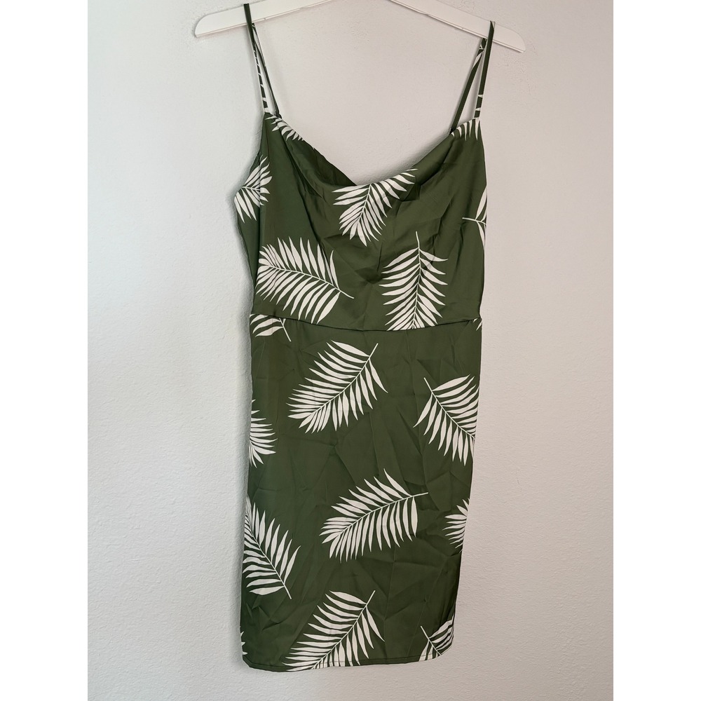 Forever 21 Green Tropical Palm Leaf Cowl Neck Mini Dress Sleeveless Medium